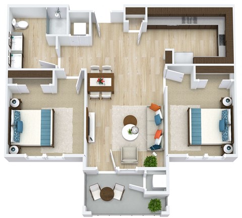 3D floor plan for 2 Bedroom, 1 Bathroom Apartment as Aspen Ridge